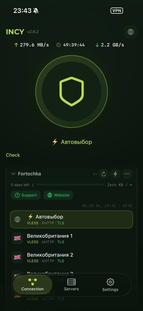 incy подключён: зелёный щит и значок VPN