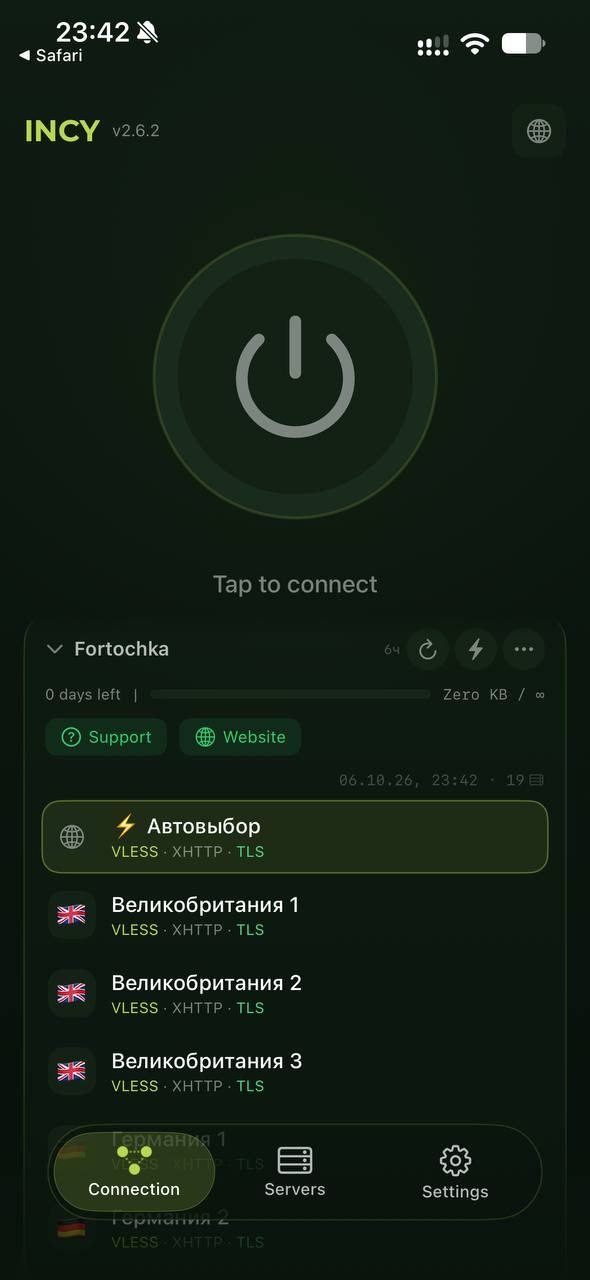 incy: вкладка Connection с большой кнопкой